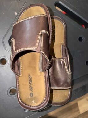 Hi-Tec Men's Brown Leather Slide Sandals with Contrast Stitching